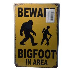 BEWARE BIGFOOT In Area Yellow Black Aged Golden Era 12" X 8" Metal Sign NEW